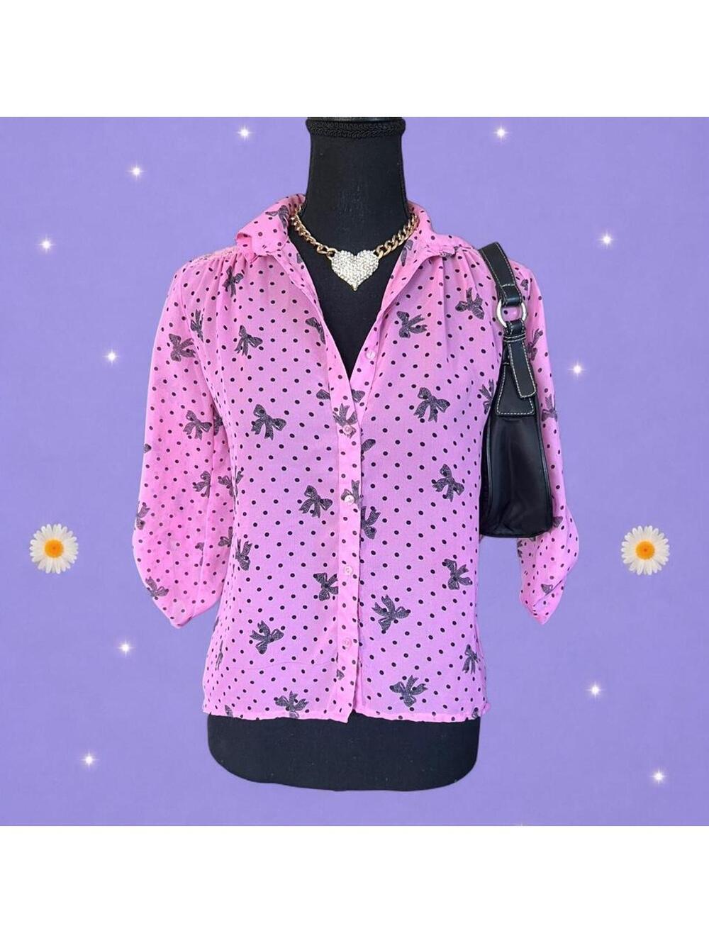 Vintage Y2K Nitworks Coquette Girly Polka Dot Bow Blouse Size Medium